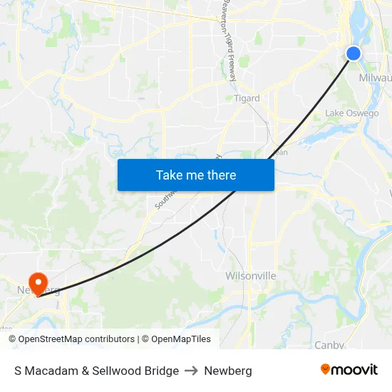 S Macadam & Sellwood Bridge to Newberg map