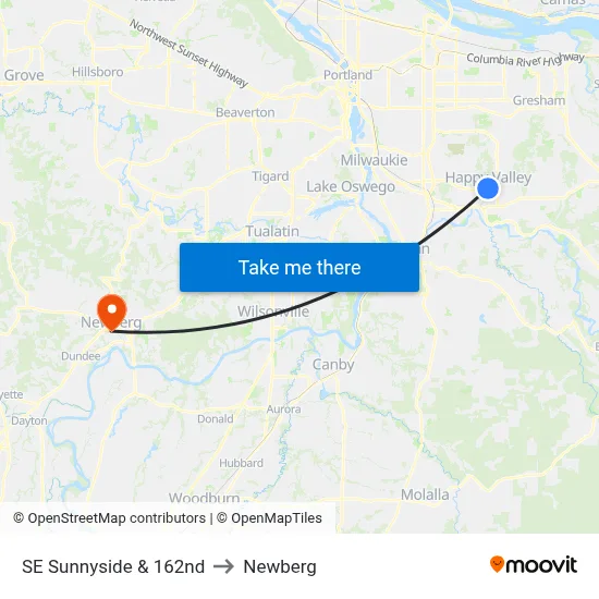 SE Sunnyside & 162nd to Newberg map