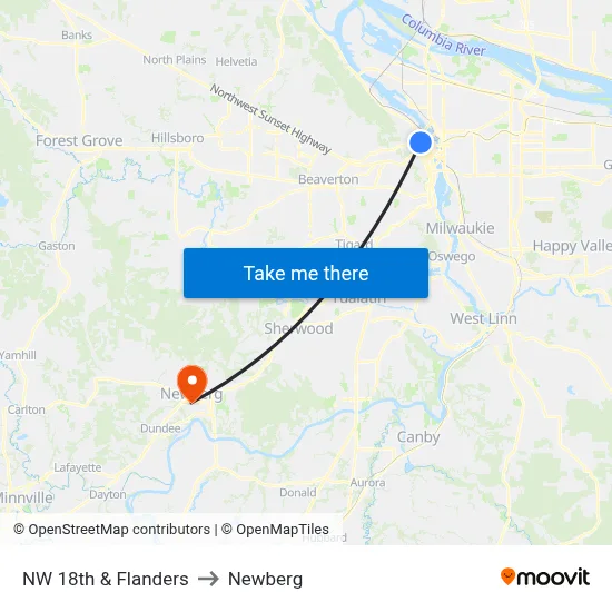 NW 18th & Flanders to Newberg map