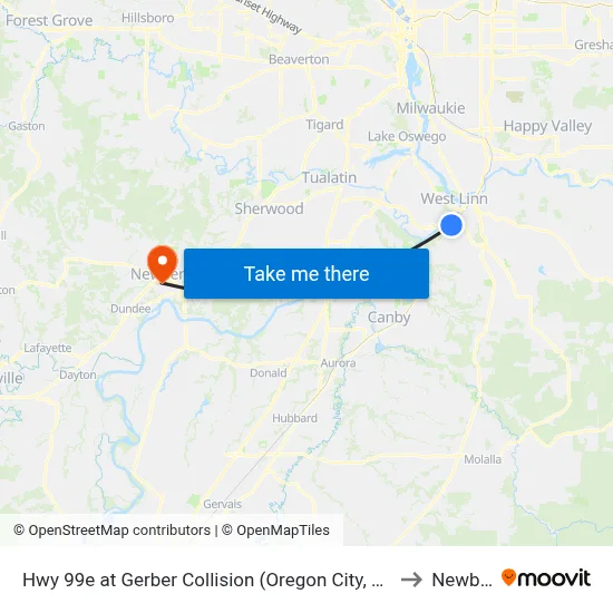 Hwy 99e at Gerber Collision (Oregon City, Northbound) to Newberg map