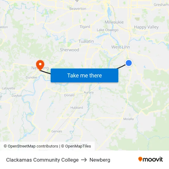 Clackamas Community College to Newberg map