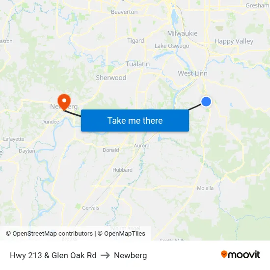 Hwy 213 & Glen Oak Rd to Newberg map