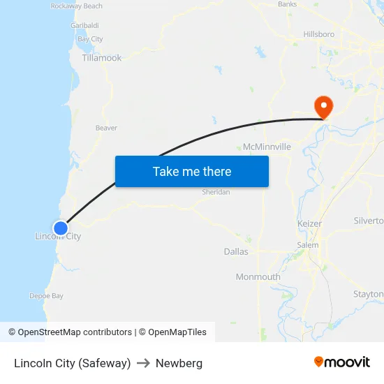 Lincoln City (Safeway) to Newberg map
