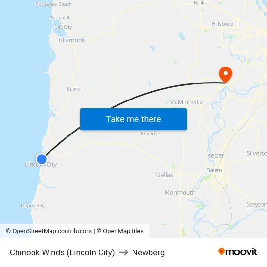 Chinook Winds (Lincoln City) to Newberg map