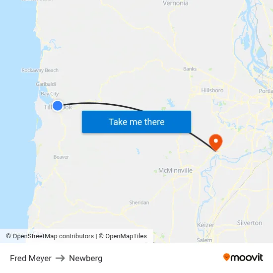 Fred Meyer to Newberg map