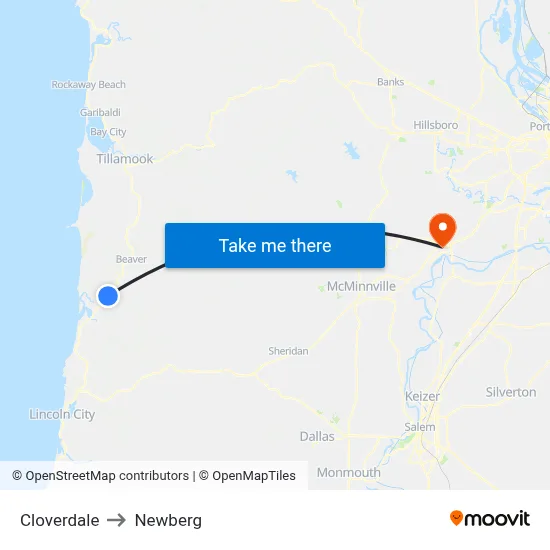Cloverdale to Newberg map