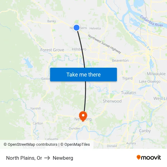 North Plains, Or to Newberg map