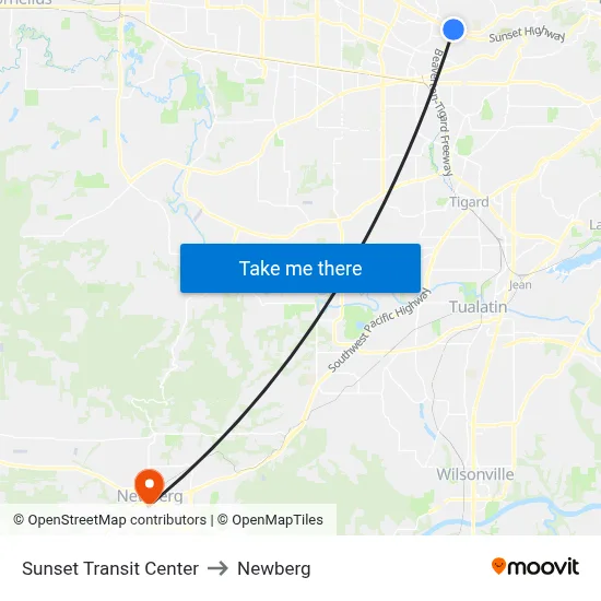Sunset Transit Center to Newberg map