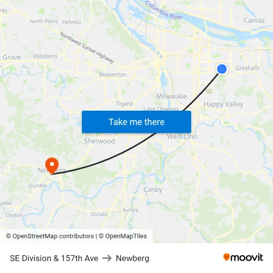 SE Division & 157th Ave to Newberg map