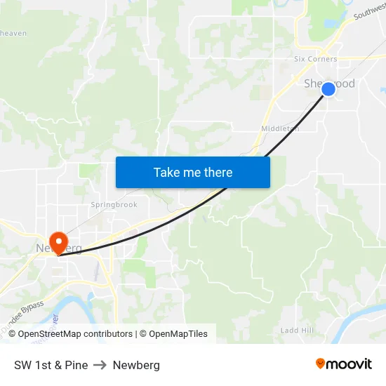 SW 1st & Pine to Newberg map