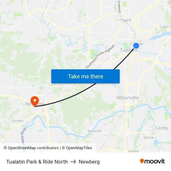 Tualatin Park & Ride North to Newberg map