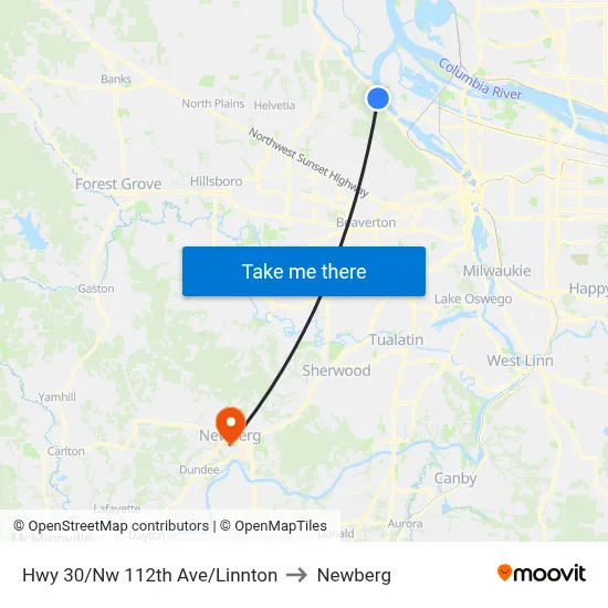 Hwy 30/Nw 112th Ave/Linnton to Newberg map