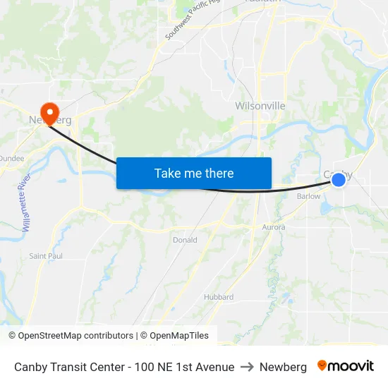 Canby Transit Center - 100 NE 1st Avenue to Newberg map