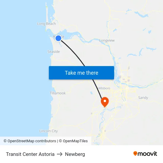 Transit Center Astoria to Newberg map
