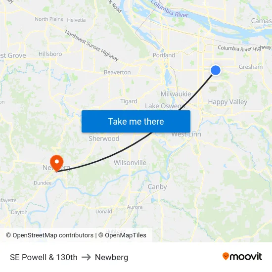 SE Powell & 130th to Newberg map