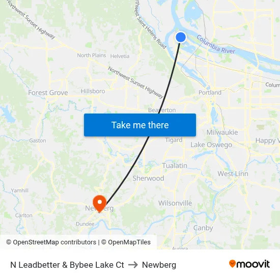 N Leadbetter & Bybee Lake Ct to Newberg map