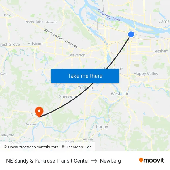 NE Sandy & Parkrose Transit Center to Newberg map