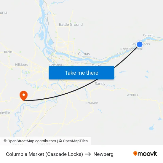 Columbia Market (Cascade Locks) to Newberg map