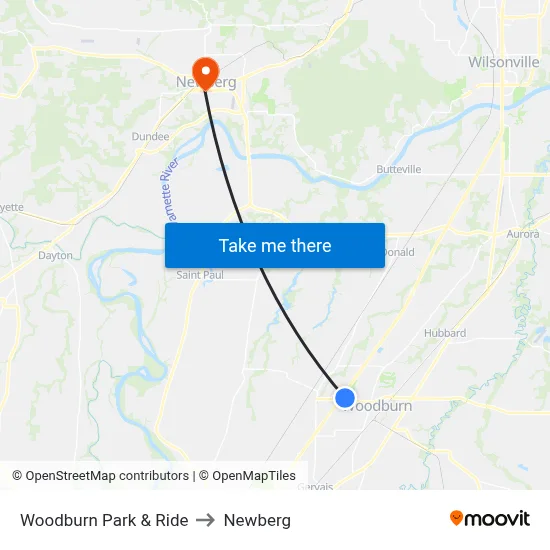 Woodburn Park & Ride to Newberg map