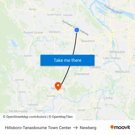 Hillsboro-Tanasbourne Town Center to Newberg map