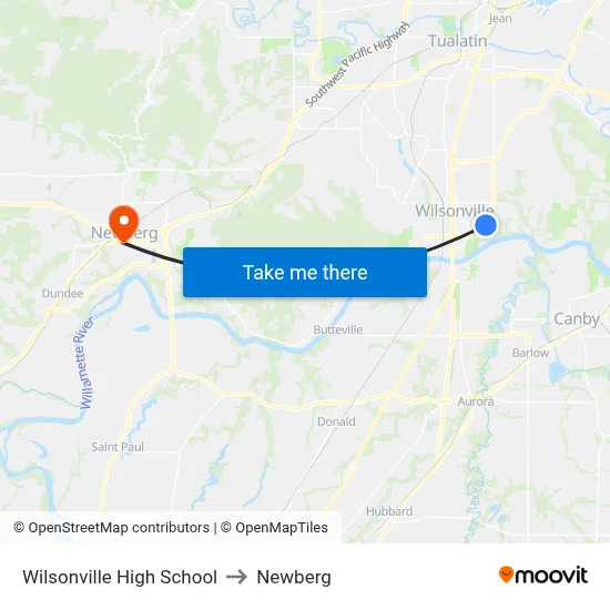 Wilsonville High School to Newberg map