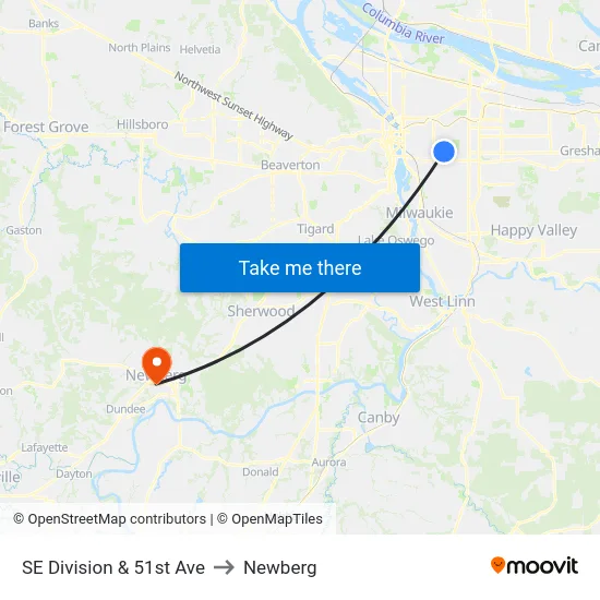 SE Division & 51st Ave to Newberg map