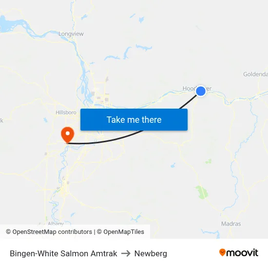 Bingen-White Salmon Amtrak to Newberg map