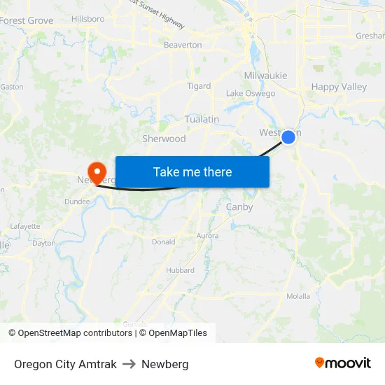 Oregon City Amtrak to Newberg map