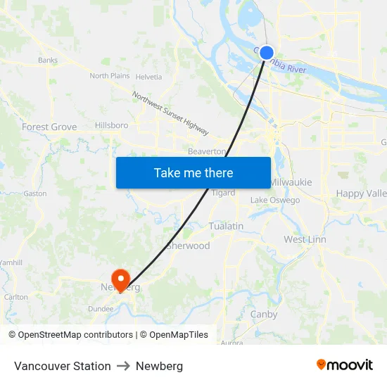 Vancouver Station to Newberg map