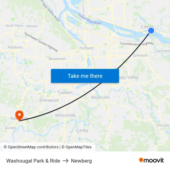 Washougal Park & Ride to Newberg map
