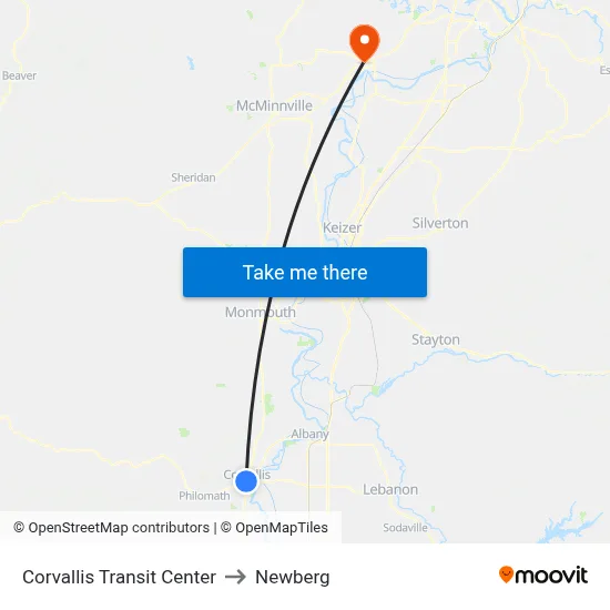Corvallis Transit Center to Newberg map