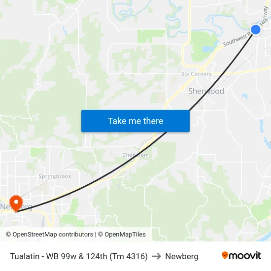 Tualatin - WB 99w & 124th (Tm 4316) to Newberg map