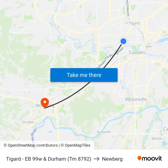 Tigard - EB 99w & Durham (Tm 8792) to Newberg map