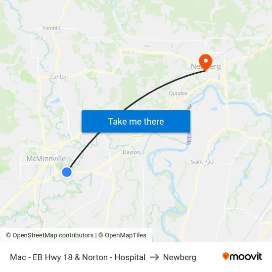 Mac - EB Hwy 18 & Norton - Hospital to Newberg map