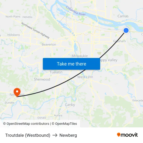 Troutdale (Westbound) to Newberg map
