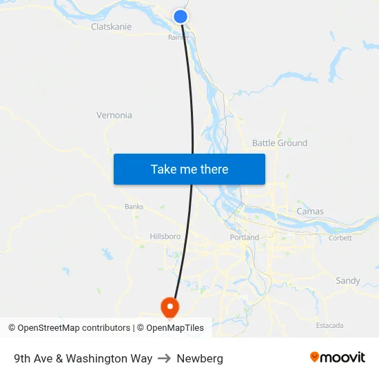 9th Ave & Washington Way to Newberg map