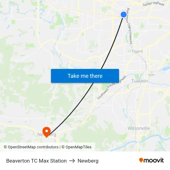 Beaverton TC Max Station to Newberg map