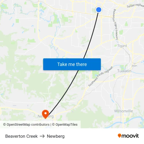 Beaverton Creek to Newberg map