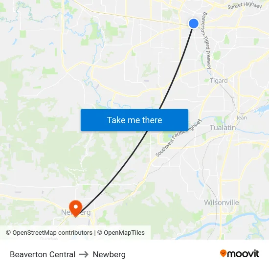 Beaverton Central to Newberg map