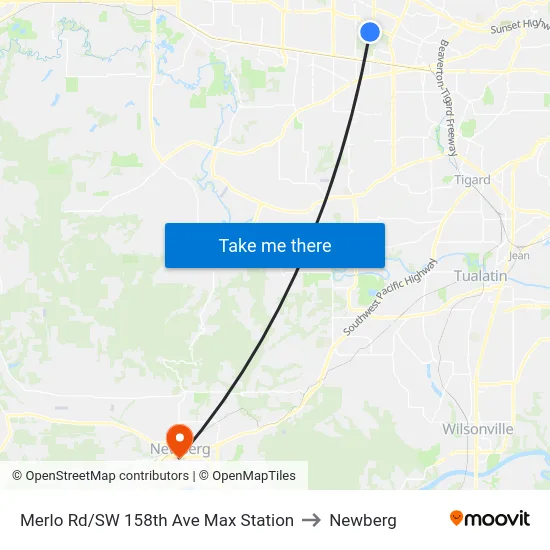 Merlo Rd/SW 158th Ave Max Station to Newberg map