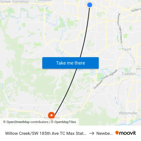 Willow Creek/SW 185th Ave TC Max Station to Newberg map