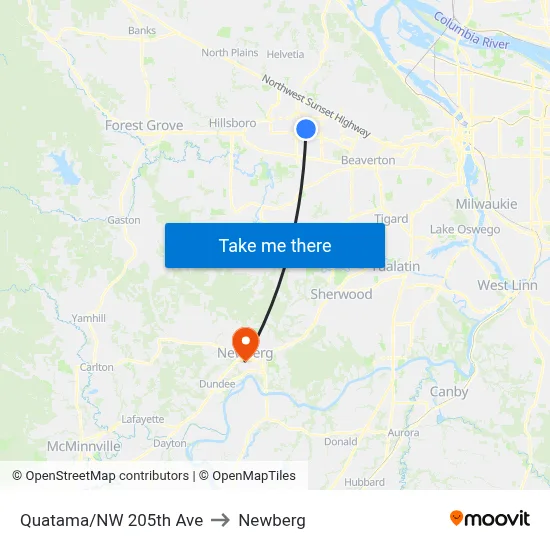 Quatama/NW 205th Ave to Newberg map