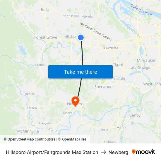 Hillsboro Airport/Fairgrounds Max Station to Newberg map