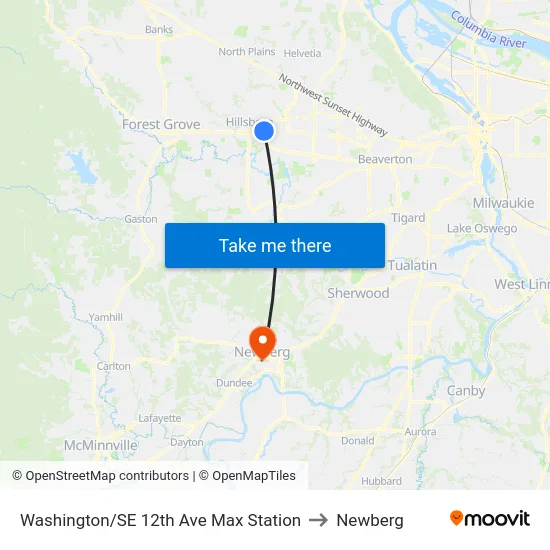 Washington/SE 12th Ave Max Station to Newberg map