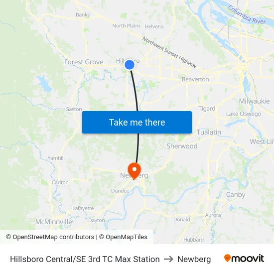 Hillsboro Central/SE 3rd TC Max Station to Newberg map