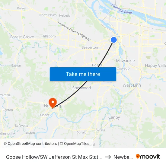 Goose Hollow/SW Jefferson St Max Station to Newberg map