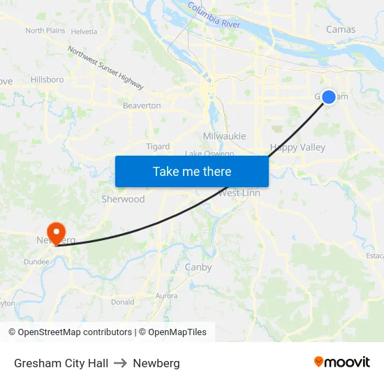 Gresham City Hall to Newberg map