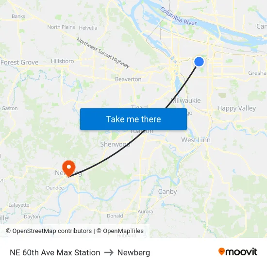 NE 60th Ave Max Station to Newberg map