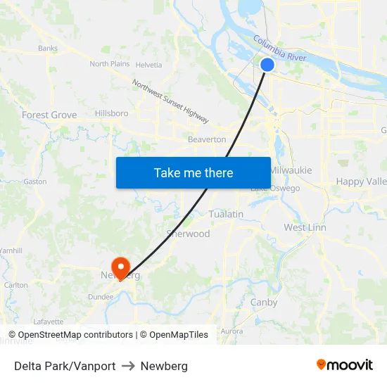 Delta Park/Vanport to Newberg map