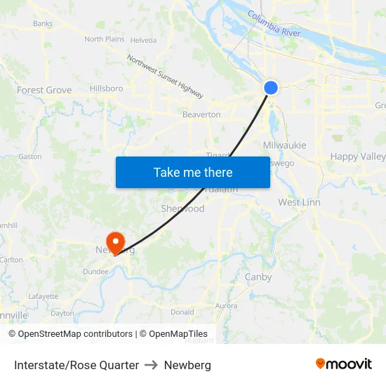 Interstate/Rose Quarter to Newberg map